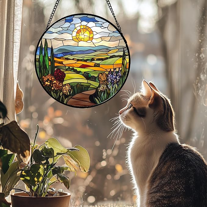 QZQCBLC Stained Glass Window Hanging Sunset Field Wildflower Landscape 6.3" - Suncatcher Door Garden Sun Catcher Home Decor Birthday Christmas for Mom Men Woman Nana Friend