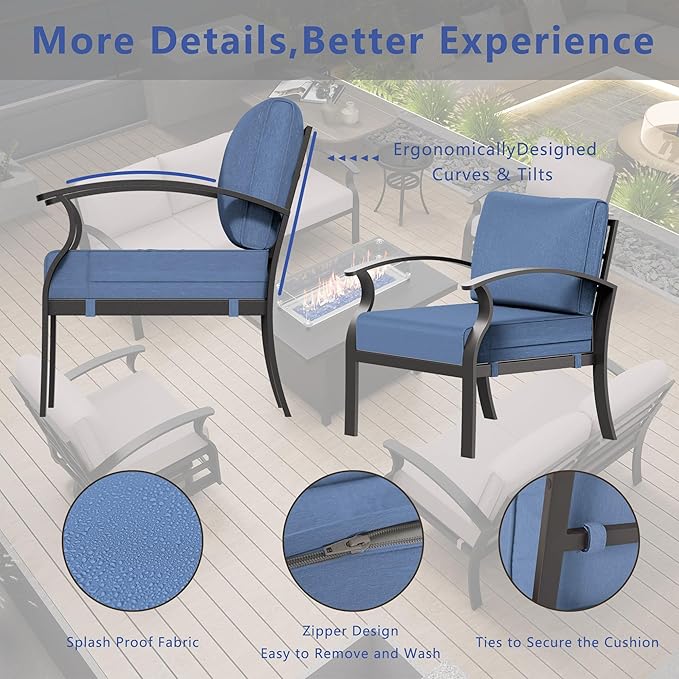 Aluminum Patio Furniture Set with Fire Pit Table, 7 Seats Outdoor Patio Conversation Sets with Swivel Chair Modern Metal Patio Sectional Sofa with Upgrade Cushions for Patio, Backyard Navy