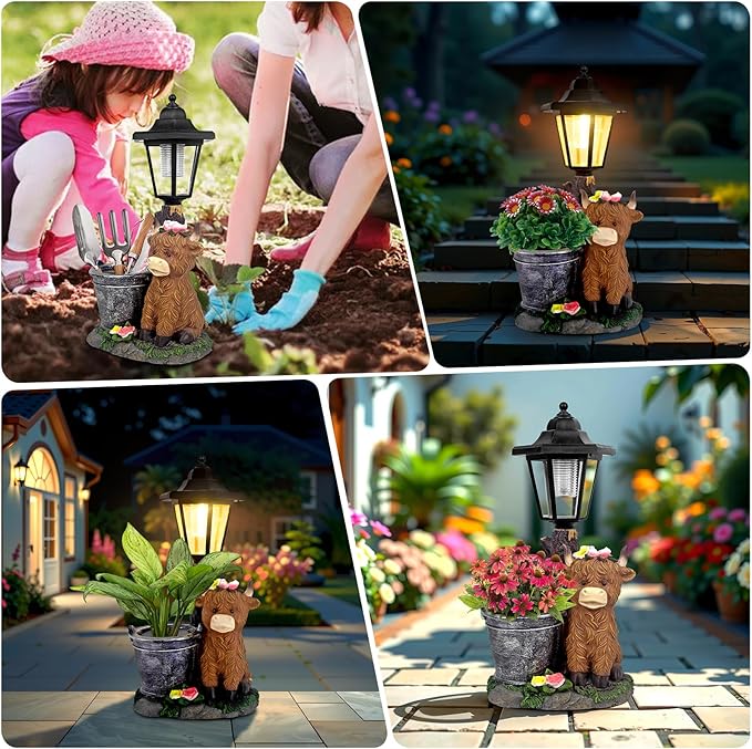 YEPOTUE Solar Highland Cow Outdoor Statues, Garden Sculptures with Flowerpot Decor & Solar Lantern for Yard Art Lawn Ornaments Porch Patio Balcony - Birthday Gifts for Women Mom