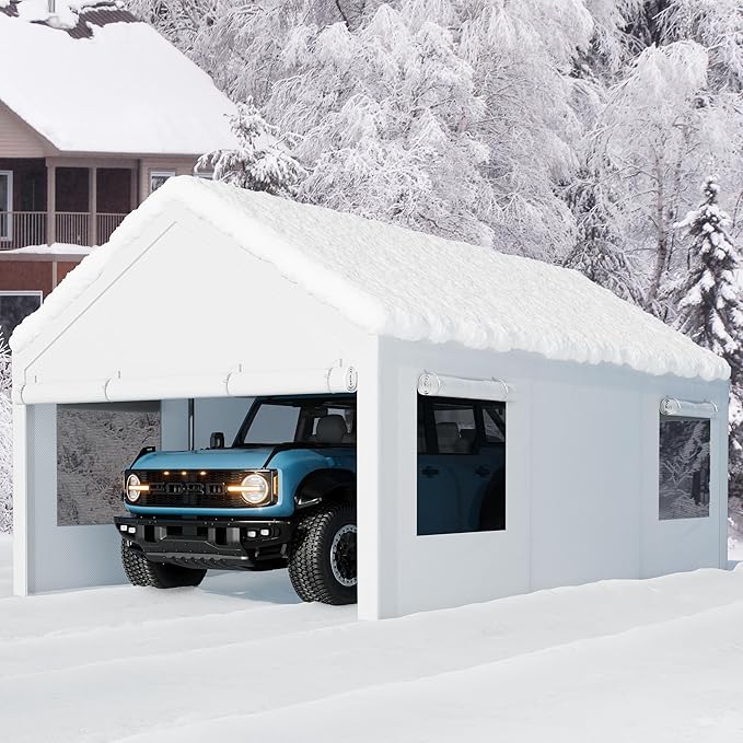 Walsunny Carport, 12x20ft Heavy Duty Carport Canopy with Roll-up Windows, Portable Garage with Removable Sidewalls & Doors, Car Canopy with All-Season Tarp for Car, Truck, Boat