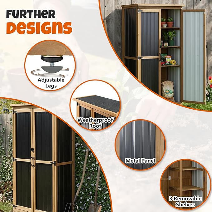 Outdoor Storage Cabinet with Shelves, Wood & Metal Storage Shed with Weatherproof Roof, 3 Removable Shelves, Double Lockable Doors, Adjustable Feet, Outside Storage Cabinet for Garage, Patio, Backyard