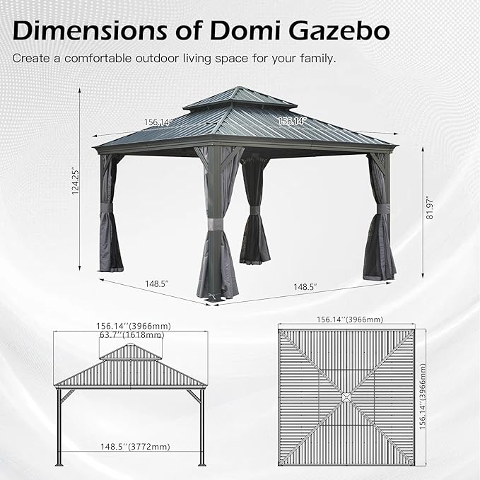 Domi 13x13FT Outdoor Gazebo, Hardtop Gazebo with Galvanized Steel Double Roof, Metal Gazebos with Drainage System Patio Pergola for Patio Deck Backyard,Curtain and Netting,Gray