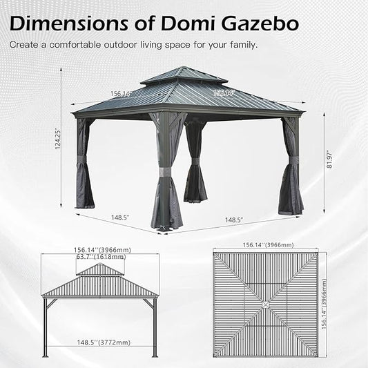 Domi 13x13FT Outdoor Gazebo, Hardtop Gazebo with Galvanized Steel Double Roof, Metal Gazebos with Drainage System Patio Pergola for Patio Deck Backyard,Curtain and Netting,Gray