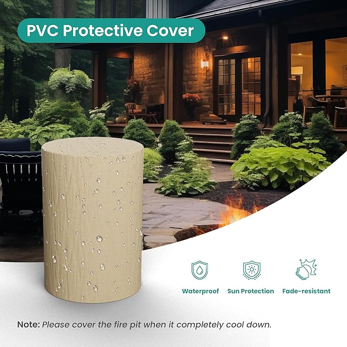 SUNBURY Outdoor Propane Fire Pit, Stone Like Fire Pit Table with Glass Wind Guard, Waterproof Cover, 40000BTUS Small Column Firepit Garden Lighting (Creamy White)