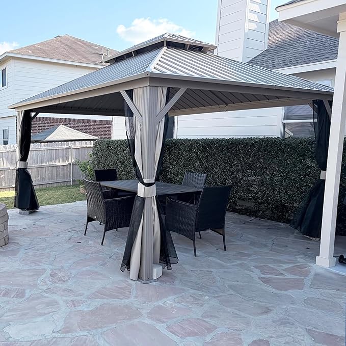 PURPLE LEAF 12' x 14' Outdoor Hardtop Gazebo, Champagne Aluminum Gazebo with Galvanized Steel Double Roof, Curtains and Netting for Patio Lawn and Garden