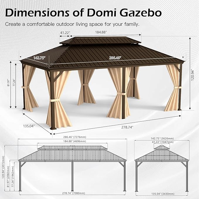Domi 12x24FT Outdoor Gazebo, Hardtop Gazebo with Galvanized Steel Double Roof, Metal Gazebos with Drainage System Patio Pergola for Patio Deck Backyard,Curtain and Netting,Brown