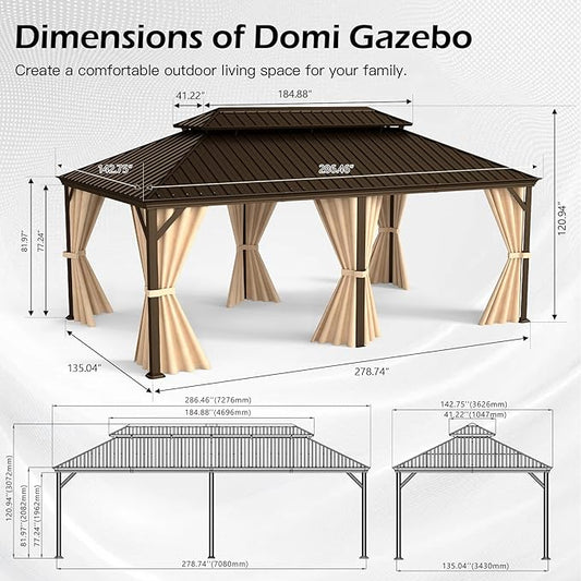 Domi 12x24FT Outdoor Gazebo, Hardtop Gazebo with Galvanized Steel Double Roof, Metal Gazebos with Drainage System Patio Pergola for Patio Deck Backyard,Curtain and Netting,Brown