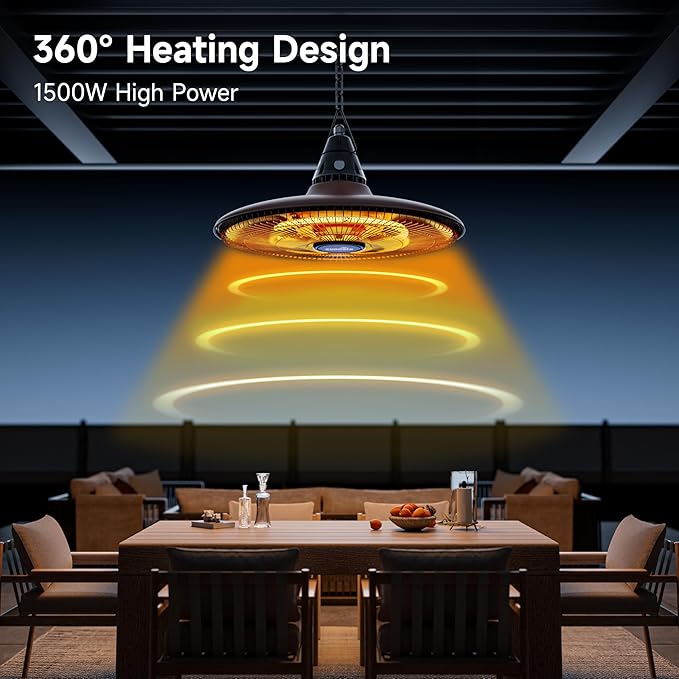 Hanging Heater, 1500W Outdoor Electric Patio Ceiling Heater with Remote Control, Infrared for Courtyard, Garage, Patio, Overheat & Tip-Over Protection, IP65 Waterproof, Brown