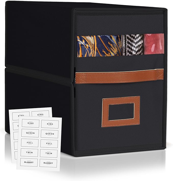 Bed Sheet Storage Organizer, Non-woven Fabric, 15x13x9.5Inches, Clear Window, Modern Style, Rectangular, Zipper Closure (Black, 1-Pack)