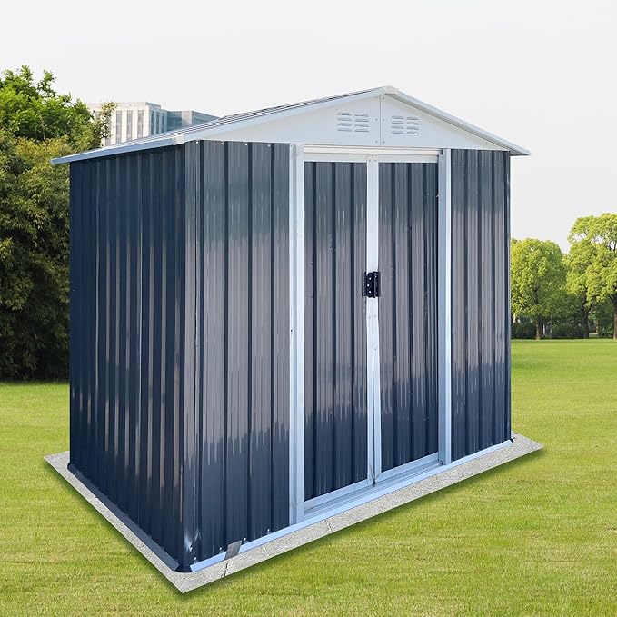 6x4 FT Outdoor Storage Shed with Base,Tool Shed with Sloped Roof and Lockable Door, Weather Resistant Metal Shed for Backyard Garden Patio Lawn,Grey