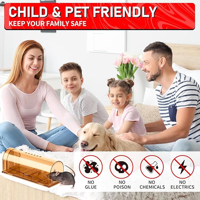 LULUCATCH Humane Mouse Traps 6 Pack, Live Mouse Traps, Catch Release Mouse Traps Indoor for Home, Reusable with Cleaning Brush, No Kill Mole Squirrel Rat Traps for House & Outdoors, Pet Safe