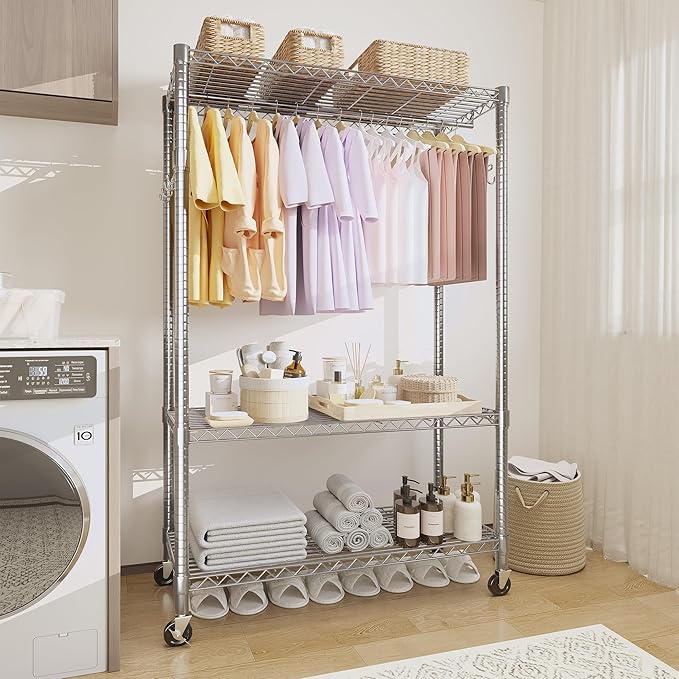 75" Clothes Rack with Wheels, 694LBS Load Heavy Duty Metal Garment Rack with 22 mm pipes, Freestanding Clothing Racks with Adjustable Storage Shelves Hanging Rod & Side Hooks for Hanging Clothes