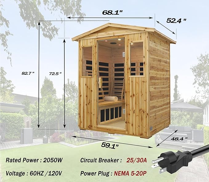 LTCCDSS Low EMF Outdoor Far Infrared Sauna 4-Person, Hemlock Wood Sauna for Home, Withstand Temp -5℉-104℉, Bluetooth Speakers, LED Reading Lamps, Chromotherapy Lights