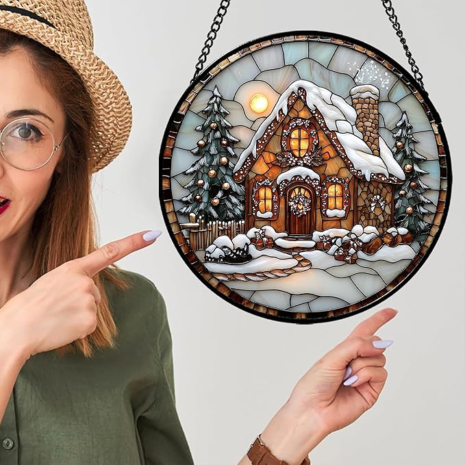 AMDERVEN Stained Glass Window Hanging - Christmas Tree Cottage Sun Catcher for Door Garden Home Winter Decor Snowy Night Suncatcher Mother's Day Birthday Gifts for Women Men Mom Nana 6.3 in