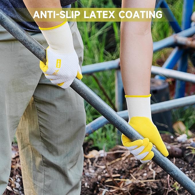JDL Gardening Gloves for Women, 2 Pairs Breathable Latex Coated Yard Garden Gloves, Rubber Outdoor Protective Work Gloves with Grip, Yellow, Medium Size