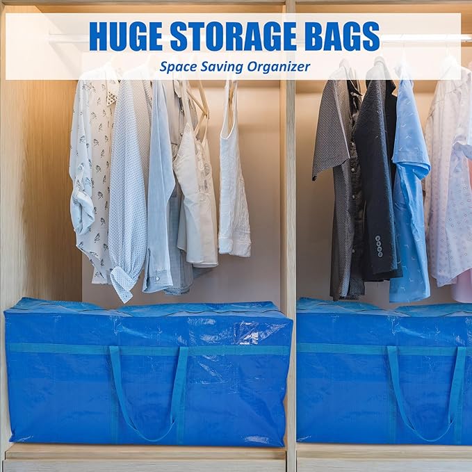 Windyun 4 Pack 121 Gallon Extra Large Storage Bags XXL Moving Bags with Zipper Handles Heavy Duty Jumbo Big Tote Box for Christmas Tree Storage 4, 5, 7.5, 9, 10, 12 ft Skeleton College Dorm(Blue)