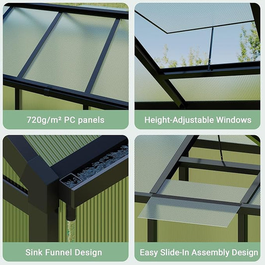 6x8 FT Greenhouse, Polycarbonate Walk-in Greenhouse for Outdoors with Roof Vent & Lockable Smooth-Gliding Sliding Door, Heavy-Duty Aluminum Green House for Garden, Backyard, Patio, Lawn, Dark Grey
