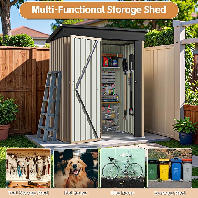 Greesum 5×3FT Outdoor Storage Shed, Metal Patio Storaged Sheds with Lockable Doors, Sheds & Outdoor Storage for Bike, Backyard, Pool and Garden, Brown