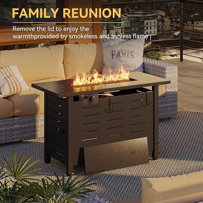Aoxun 40" Outdoor Propane Fire Pit Table with Removable Lid - 50,000 BTU Patio Heater, Rectangle Natural Gas/Propane Fire Pit with Lava Rocks & Waterproof Cover for Deck, Backyard, Garden,Black
