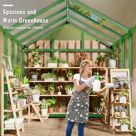 Greenhouse, 6x8 FT Greenhouse for Outdoors, Walk-in Green House with Ground Nails and Vent Windows, Sliding Lockable Door, Polycarbonate Greenhouses for Outside Garden Backyard, Quick Setup, Green