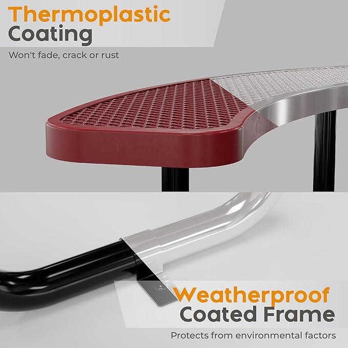 OUTTANS Metal Picnic Tables for Outdoors with Umbrella Hole - Coated Steel Heavy Duty Commercial Grade Furniture Set with Adjustable Seats (Red, 46 in, Round, Expanded Steel)