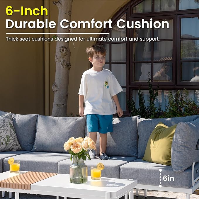 Sundale Outdoor 9 Pieces Patio Furniture Set, U-Shaped Outdoor Sectional Sofa with 6" Olefin Cushion and Coffee Table, Modern Metal Outdoor Conversation Sets (8 Seats,White Frame)