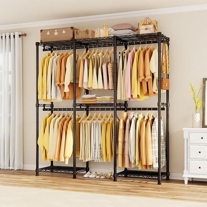 Portable Closet Heavy Duty Clothes Rack, Freestanding Clothing Racks for Hanging Clothes, Adjustable Garment Wardrobe Rack with 4 Hang Rods & Shelves ,73.6" L x 17.3" W x 76.4" H, Black