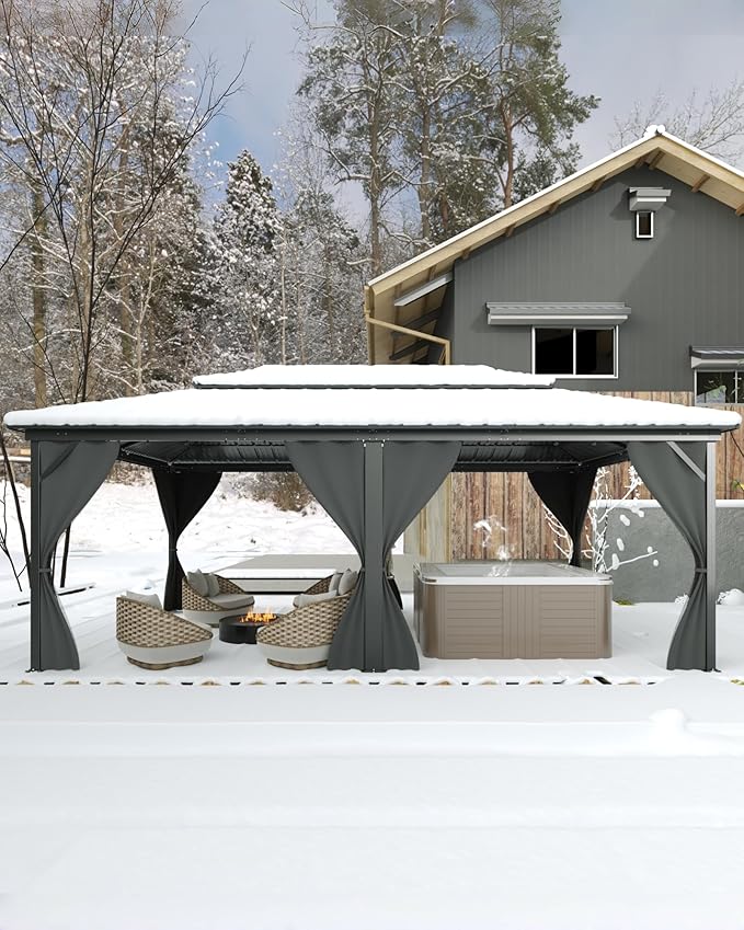 GarveeLife Hardtop Gazebo 12 ft x20 ft for All Weather, with Double Metal Roof, Aluminum Alloy Frame, Net, and Curtain, Permanent Building for Patio, Deck, Backyard, Lawn, and Garden