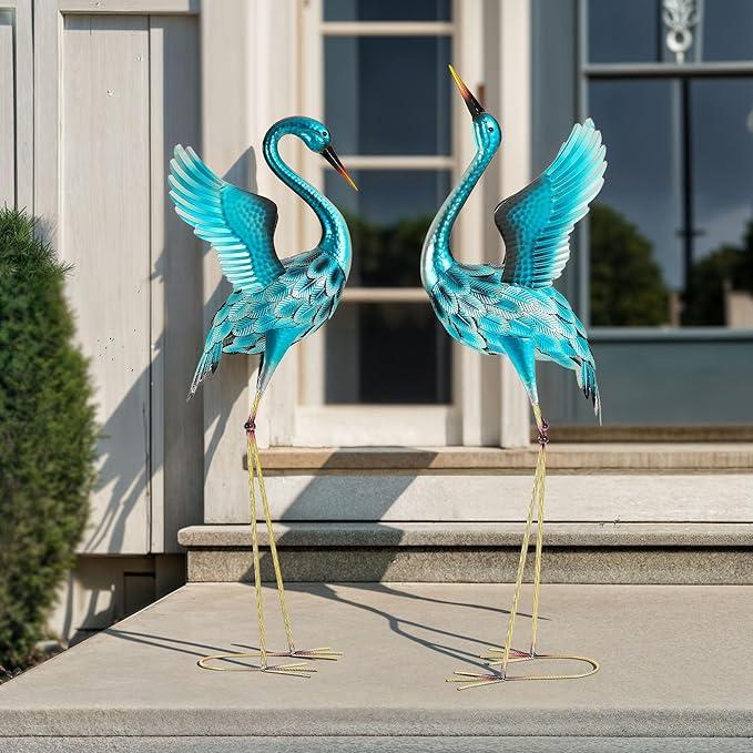 Ultym 47.5" Extra-Large Blue Heron Decor, Handcrafted Metal Crane Garden Statue with Stable U-Ground Stakes, Backyard Decoration, Metal Garden Bird Animal Yard Art, Lawn Ornament