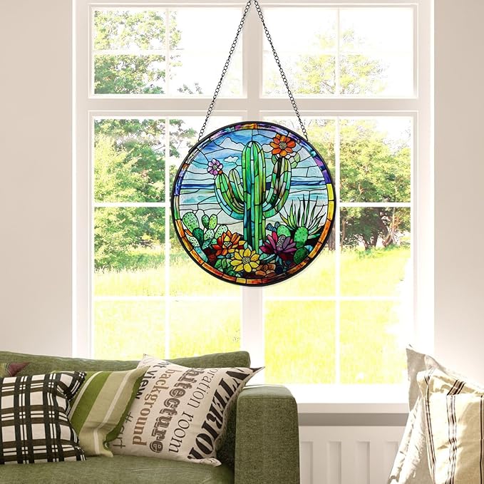 Wkyqes Cactus Handmade Stained Glass Window Hanging Suncatcher with Chain - 7.9" Arizona Outdoor/Indoor Art Decor for Home Garden, Wedding, Mother's, Valentine's & Christmas Ornaments Present