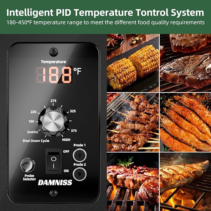Electric Pellet Grill 456 SQ.IN Cook Area Pellet Smoker with Auto Feed & PID Controller 500°F Max Temperature 8 in 1 BBQ Grill with Meat Probe & Side Table with Hooks Perfect for Outdoor BBQ