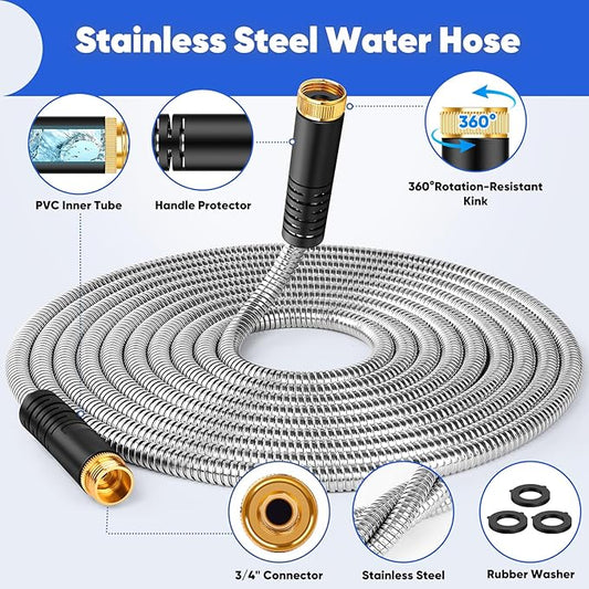 Garden Hose 25ft, Stainless Steel Metal Water Hose with 10 Function Nozzle, Lightweight Hose, No Kink, Leak-proof, Puncture Resistant for Yard, Outdoor, RV