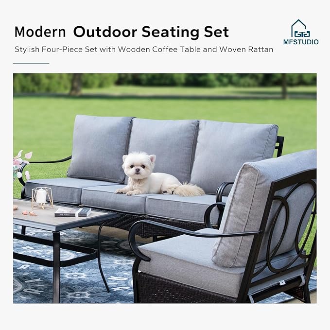 MFSTUDIO 4 Pieces Outdoor Patio Furniture Set, Metal Outdoor Conversation Set, Rattan Wicker Patio Sectional Set with 2 x Rocking Single Sofa, 3-Seat Sofa, 1 x Fire Pit Table, Grey