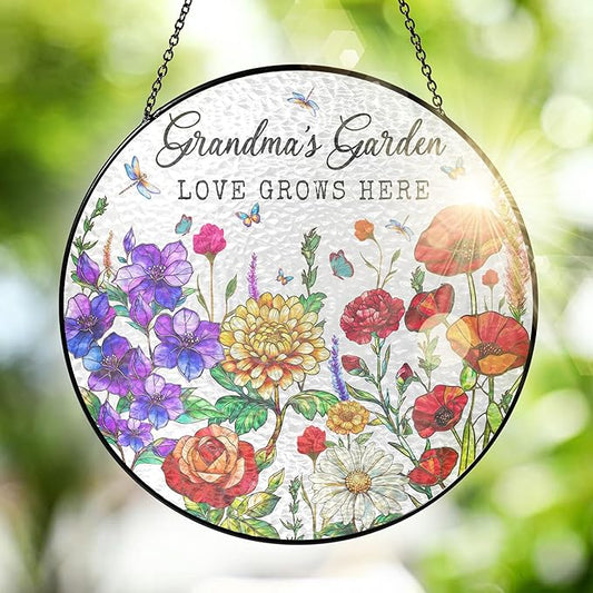 FLAGWIX Grandma Gifts - Grandmas Garden Stained Glass Window Hanging with Base 8 in - Mothers Day Decorations Nana Gigi Gifts for Grandma, Sun Catchers Indoor Window for Home Garden Decor