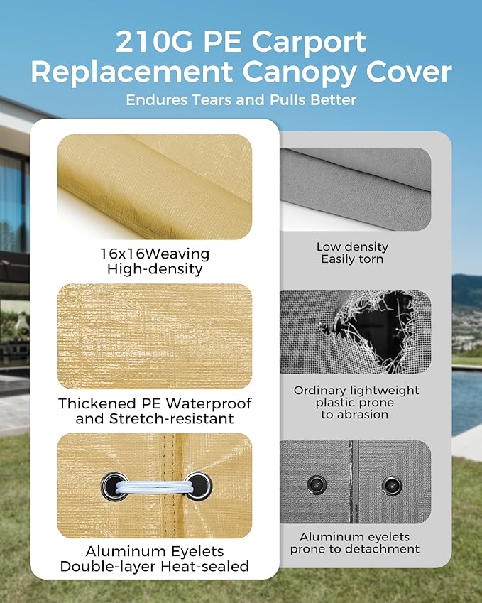 Heavy Duty Carport Replacement Canopy Cover, Durable Waterproof Garage Shelter Top, Car Tent for Outdoor Use, with Ball Bungees for Secure (Beige 12x20FT Cover ONLY)