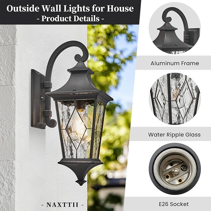 NAXTTII Outdoor Sconce Lights Black Porch Lights Outdoor Aluminum Waterproof Exterior Lighting Fixtures with Water Ripple Handmade Solder Glass E26 Socket
