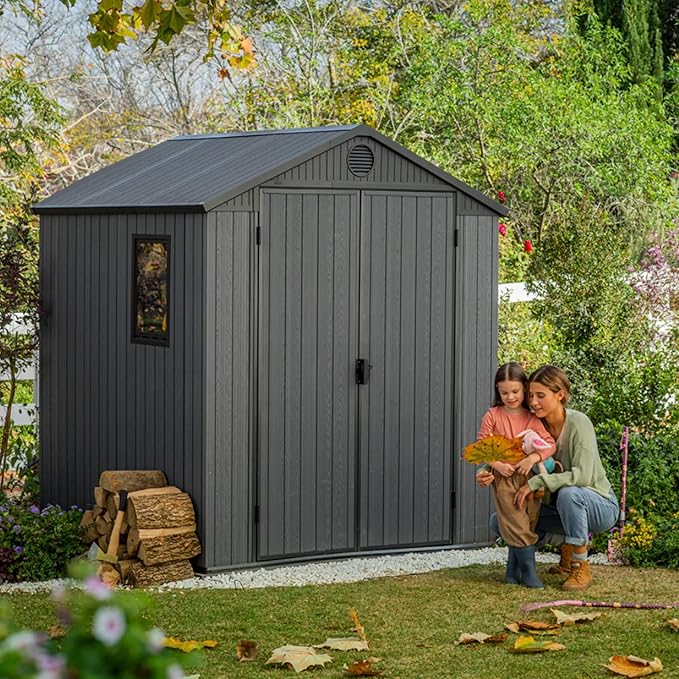 Keter Darwin 6 x 6 Foot Spacious Heavy Duty Outdoor Storage Shed for Organizing Garden Accessories and Tools with Double Doors and High Ceiling, Gray