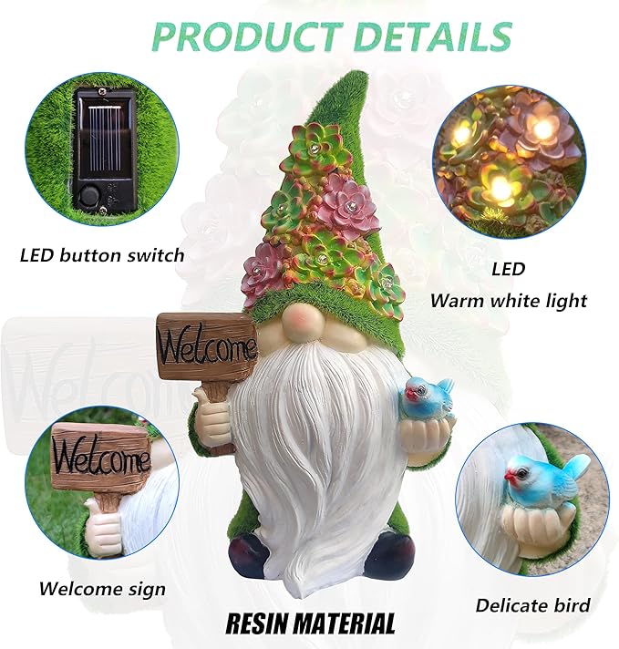 VIOYOUNS Solar Gnomes Garden Statues,Resin Gnome Figurine Holding Welcome Card and Bird with Solar Lights, Outdoor Gnomes Decorations for Yard Patio Lawn Porch, Garden Gifts