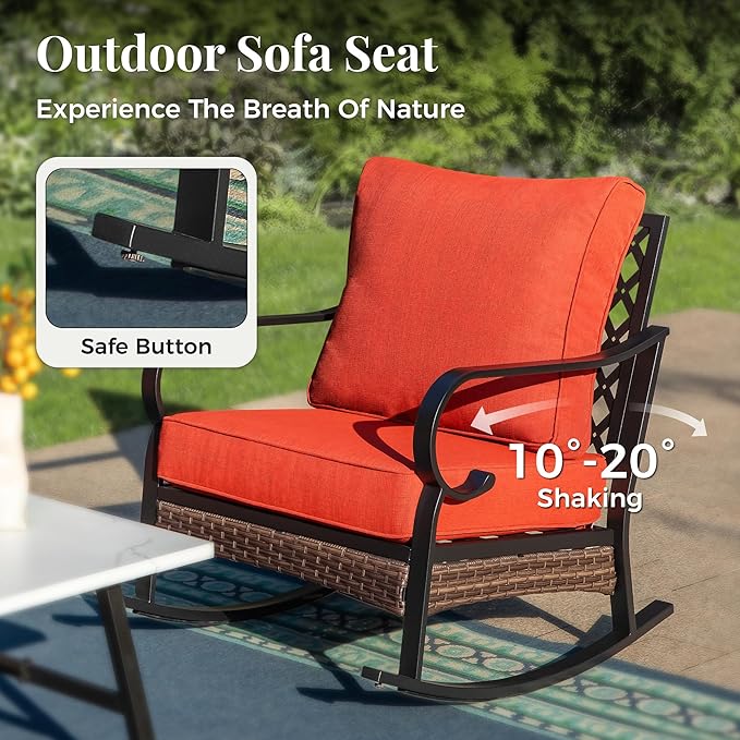 Patio Furniture Set with Firepit Table, Black Frame Outdoor Conversation Set with 2 x Fixed Chairs, 2 x Rocking Chairs, 1 x 3-Seat Sofa for Lawn Garden Backyard, Red