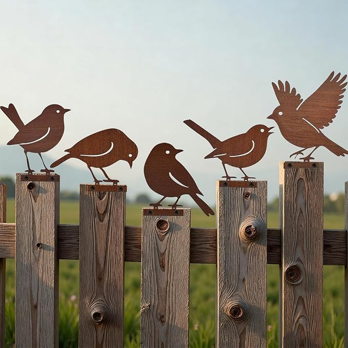 5PCS Rusty Metal Birds Decoration, Metal Birds Fence Decor, Outdoor Bird Wall Decor, Bird Silhouette Yard Art, Garden Sculptures & Statue Ornaments, Fence Decorations Outdoor, Rustic Garden Decor