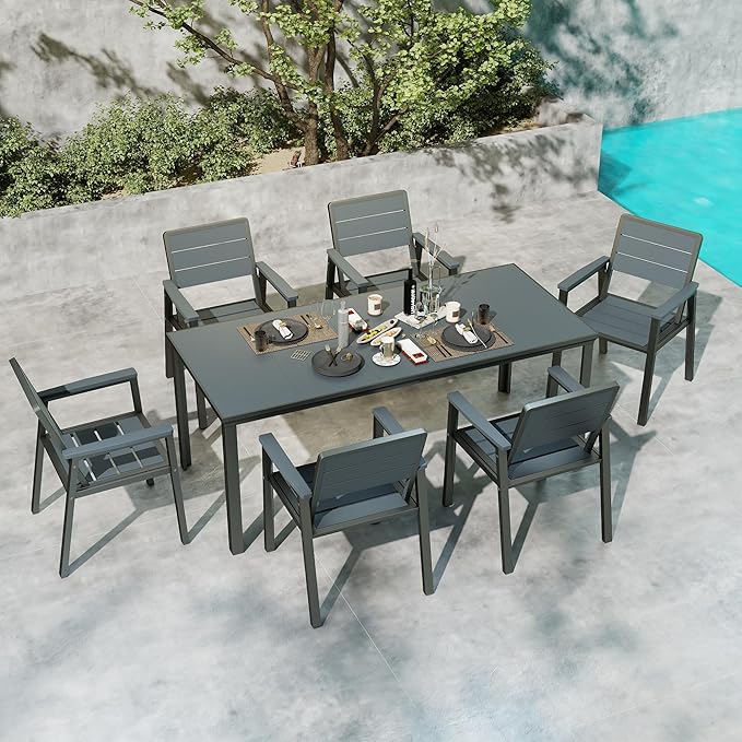 Kingdura 7 Piece Patio Dining Set for 6, HDPE Outdoor Table & Chairs with Umbrella Hole, All-Weather Outdoor Furniture Patio Conversation Set for Lawn Pool Backyard, Blue