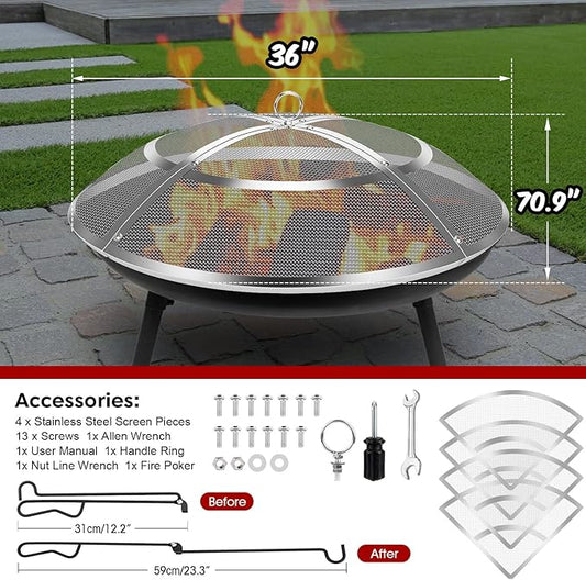 Fire Pit Spark Screen,36 Inch Fire Pit Screen Cover Stainless Steel Outdoor with Handle&Poker,Firepit Screens Cover Round Mesh Lid Heavy-Duty Steel Replacement for Backyard/Beach/RV Camping