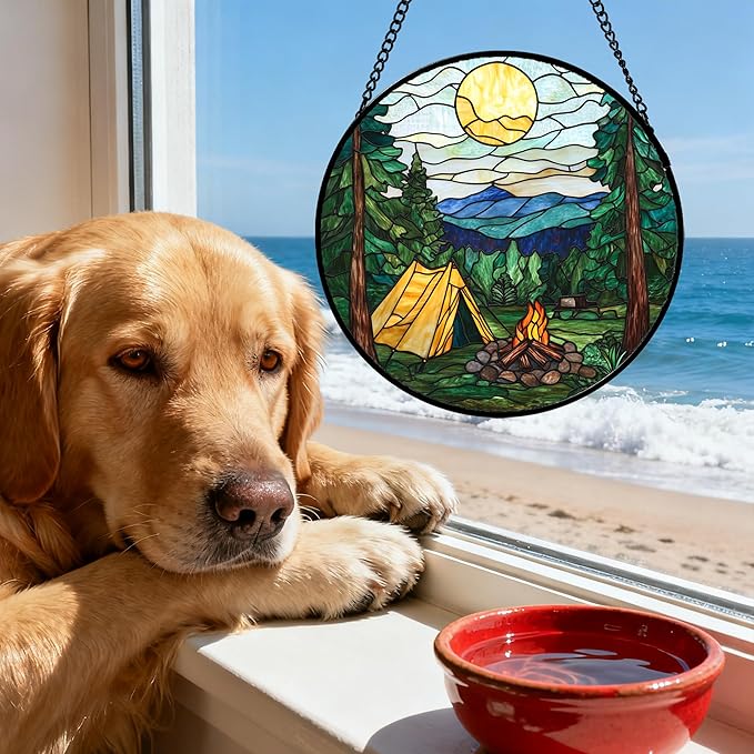 QZQCBLC Stained Glass Window Hanging Yellow Tent Forest Scenery 7.8" - Sunset Suncatcher Door Garden Sun Catcher Home Decor Birthday Christmas for Mom Men Woman Nana Friend