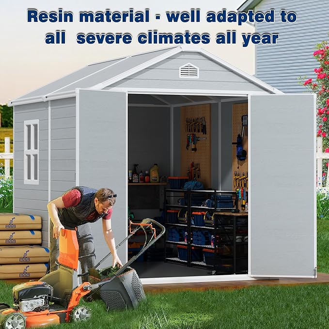 8x6 FT Resin Outdoor Storage Shed with Floor, Weather-Resistant Plastic Garden Shed with Windows, Lockable Door and Vents, Outside Tool Storage Sheds for Backyard, Garden, Lawn, Grey