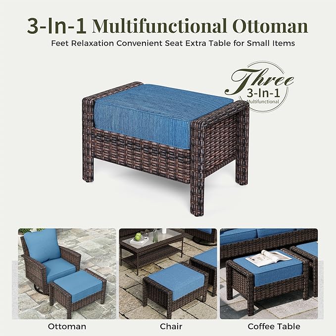 8-Piece Wicker Patio Furniture Set with Swivel Chairs, High Back Outdoor Furniture with 57'' Fire Pit Table, All-Weather Wicker Patio Conversation Set for Deck Yard Pool, Navy Blue