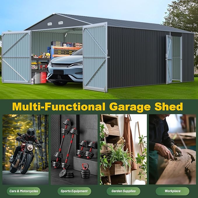 Metal Garage Shed 13x20 FT, Sheds & Outdoor Storage Clearance, Outdoor Storage Shed for Car, Truck, Bike, Lawnmower, Backyard Tool House Building 2 Doors and 4 Vents Dark Gray