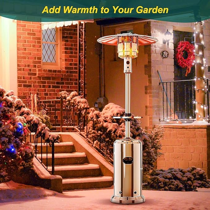 48000BTU Outdoor Propane Patio Heater with Wheels, Triple Safety Protection, Stainless Steel Burner, Includes Round Table for Porch, Camping, Backyard Use, Silver