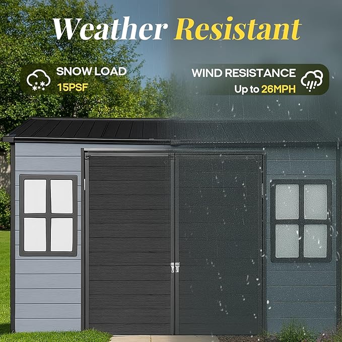 8x4ft Resin Outdoor Storage Shed with Floor and 2 Windows, Plastic Sheds & Outdoor Storage Clearance for Patio Furniture, GardenTools, Lawn Mower and Bike Accessories, Black+Grey