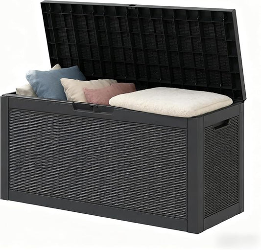 70 Gallon Outdoor Storage Deck Box Waterproof,Large Resin Storage Container for Outside,Patio Accessories for Outsid,Backyard Delivery Boxes,Lockable Lid,Rattan Black