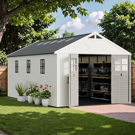 Greesum 10×16 FT Plastic Outdoor Storage Shed with Floor and Lockable Door, Resin Sheds with Windows and Skylights, Weather Resistant Organization for Garden, Lawn, Pool Supplies, Beige